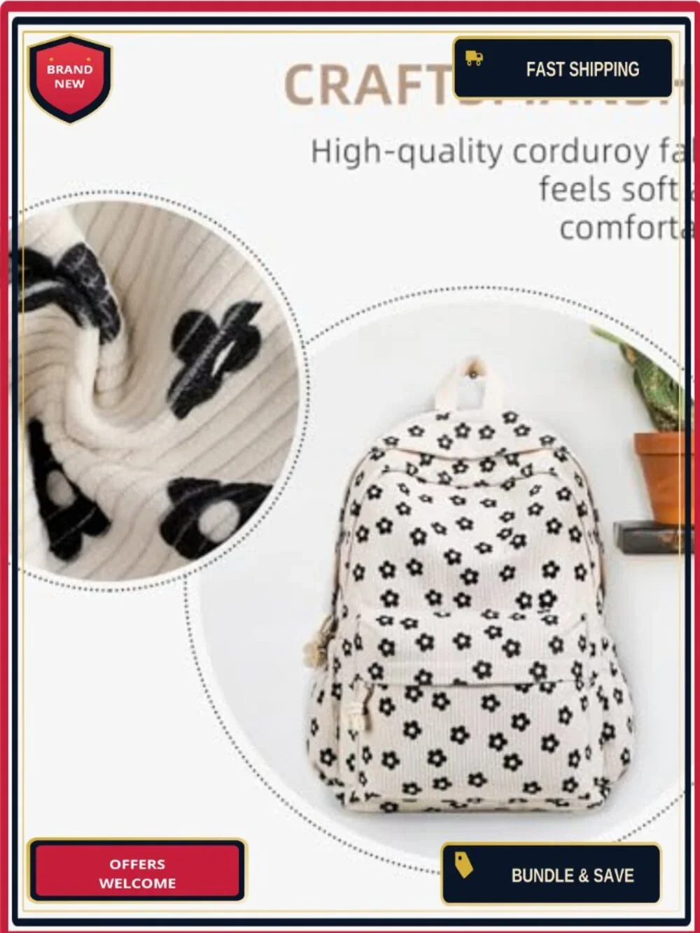 Cute Corduroy Backpack for Teens Girls Women 15.6 Inch Laptop School Bag